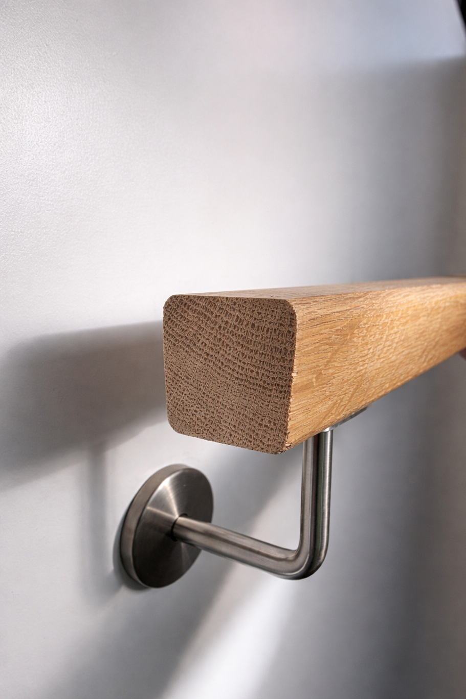 Wooden handrail attached to a white wall with a metal bracket.
